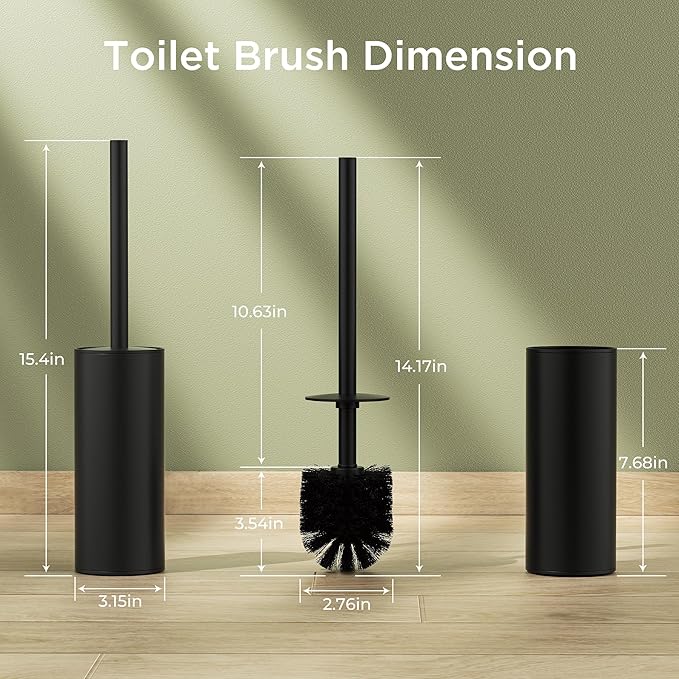 Toilet Brush and Holder Set Toilet Bowl Brush with Heavy Duty 304 Stainless Steel Base and Extra Long Handle Toilet Bowl Cleaners Brush for Bathroom (Matte Black)