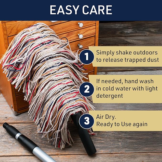 Dust Mop for Hardwood Floors - Extendable Duster Wand with 66” Long Telescoping Handle and Washable Wool Floor Mop Head - Long Dusters for Cleaning - Household Cleaning Tools by Kings County Tools