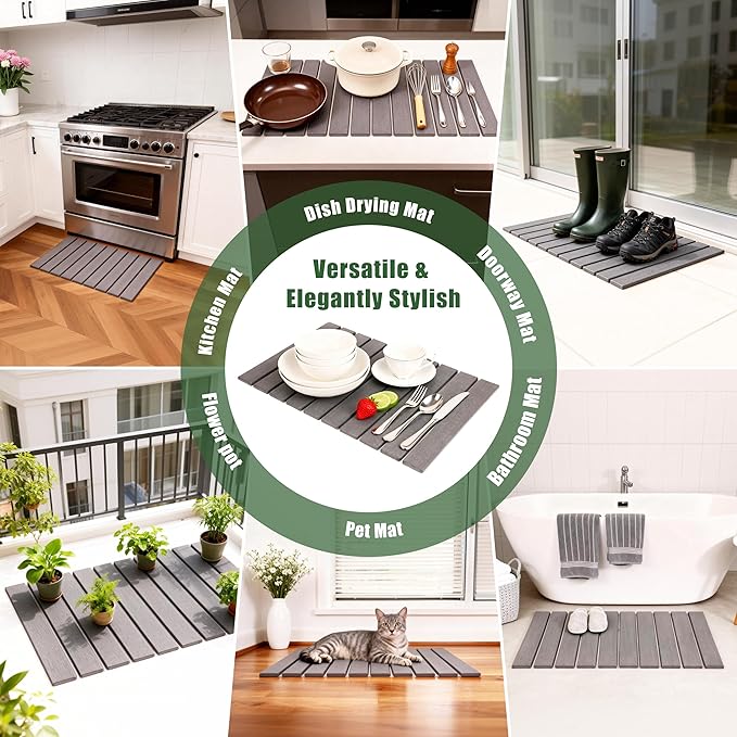 Large Stone Drying Mat for Kitchen Counter 24×16 Foldable Super Absorbent Stone Dish Drying Mat for Tableware Bottles and Cups Non Slip Diatomaceous drying matt kitchen counter (Dark Gray)