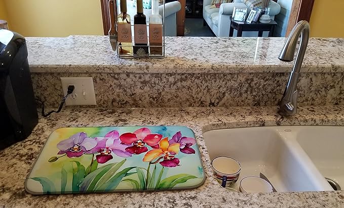 Caroline's Treasures DAC1592DDM Orchids in Watercolor Dish Drying Mat Absorbent Dish Drying Mat Pad for Kitchen Counter Dish Drainer Mat for Countertop 14 x 21 Multicolor