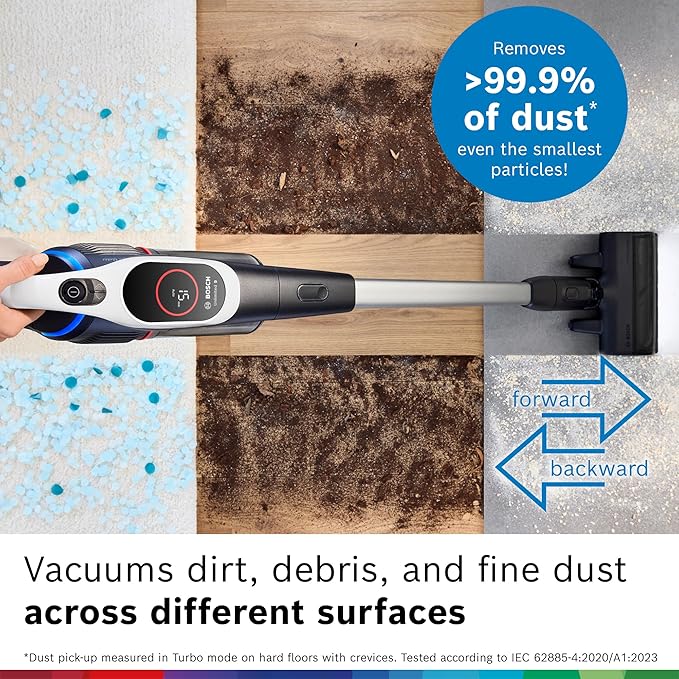 Bosch Unlimited 9 Cordless Stick Vacuum Cleaner - Up to 60 Min Battery Multi-Surface Vacuums Pet Hair Hard Floors and Carpets HEPA Filter MicroClean Brush 3 Accessories White