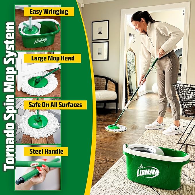 Libman Tornado Spin Mop System with 2 Refill Heads Microfiber Spinning Mop and Bucket with Wringer Set for Home Floor Cleaning of Hard-Wood Laminate Tile All Surface Cleaner 3 Total Mop Heads