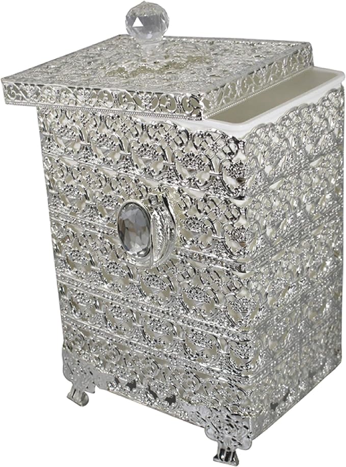 SEHAMANO Antique Rectangular Wastebasket Vintage Decorative Small Trash Can Classic Garbage Container Bin for Vanity Bedroom Kitchen Powder Rooms Home Office Rubbish Bin (Silver (Shiny Silver))