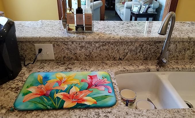 Caroline's Treasures DAC1585DDM Lilies in Watercolor Dish Drying Mat Absorbent Dish Drying Mat Pad for Kitchen Counter Dish Drainer Mat for Countertop 14 x 21 Multicolor