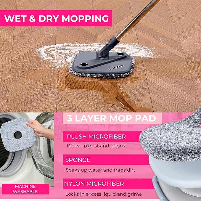 True &amp Tidy True Clean Spin Mop &amp Bucket System – Dual Compartment Design for Clean &amp Dirty Water 360° Swivel Mop Head Built-in Scrubbing Brush Stainless Steel Handle &amp 2 Reusable M