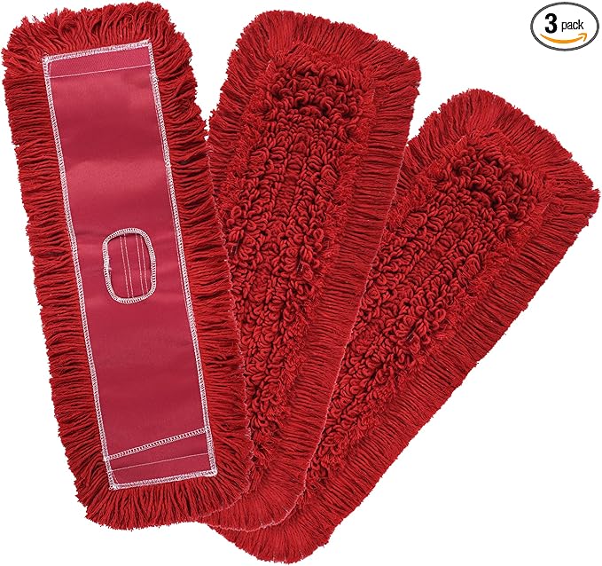 Matthew Cleaning 24'' Industrial Strength Cotton Dust Mop Refill Washable Replacement Heads for Residential &amp Commercial Use Fit Standard Dust Mop Frames HardwoodConcrete Floors Red 3 Pack