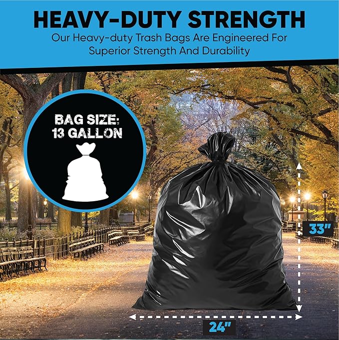 Black 13 Gallon Trash Bags – Bulk 1020 Count – Tall Kitchen Garbage Bags – 13 Gal Unscented Plastic Can Liners for Bathroom Office Janitorial Commercial Industrial Municipal – Drawstring-Free