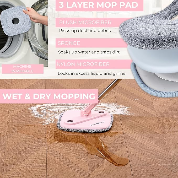 True &amp Tidy® True Clean Mop and Bucket System Includes Square Spin Dual Compartment Mop Bucket and 2 Thick Machine Washable Pads New Upgraded with Side Brush &amp Self Standing Handle Rose