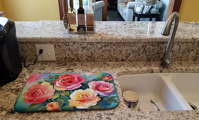 Caroline's Treasures DAC1701DDM Oklahoma Roses in Watercolor Dish Drying Mat Absorbent Dish Drying Mat Pad for Kitchen Counter Dish Drainer Mat for Countertop 14 x 21 Multicolor