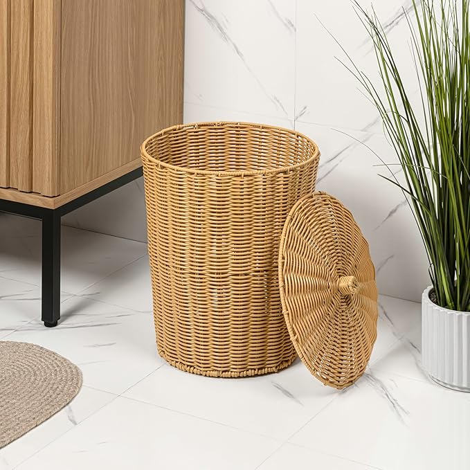 happimess HPM1406A-SET2 Ollie Coastal Contemporary Resin 4.7-Gallon Tapered Round Wicker Watebasket with Lid Natural (Set of 2)