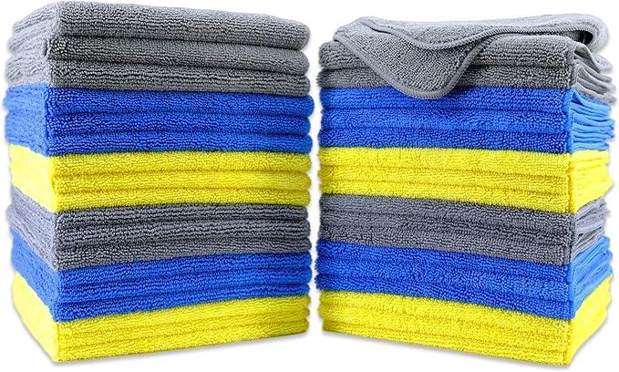 POLYTE Premium Microfiber Cleaning Towel16x16 in 36 Pack (BlueGrayYellow)