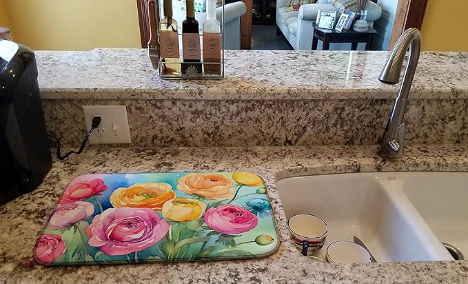 Caroline's Treasures DAC1603DDM Ranunculus in Watercolor Dish Drying Mat Absorbent Dish Drying Mat Pad for Kitchen Counter Dish Drainer Mat for Countertop 14 x 21 Multicolor