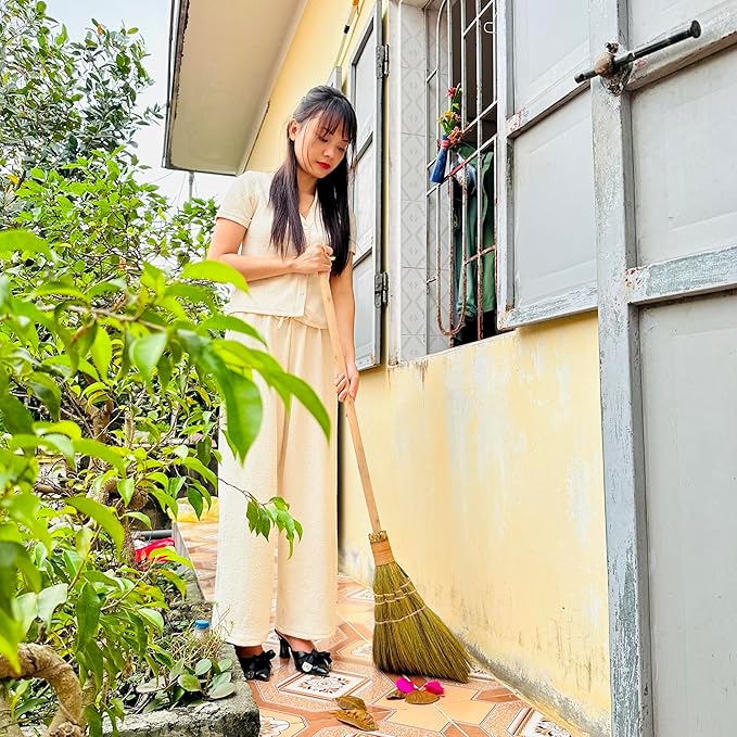 Vietnamese Straw Soft Broom for Cleaning with Long Handle Broom- Broom Decorative 9.45'' Width 45.28 Length