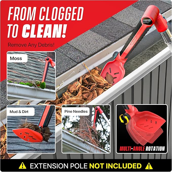 Multi-Angle Gutter Cleaning Tools from the Ground - Gutter Cleaner tool attachment for Threaded Poles - Gutter Scoop &amp Brush for rain gutter cleaning and leaf removal from Gutter Guard