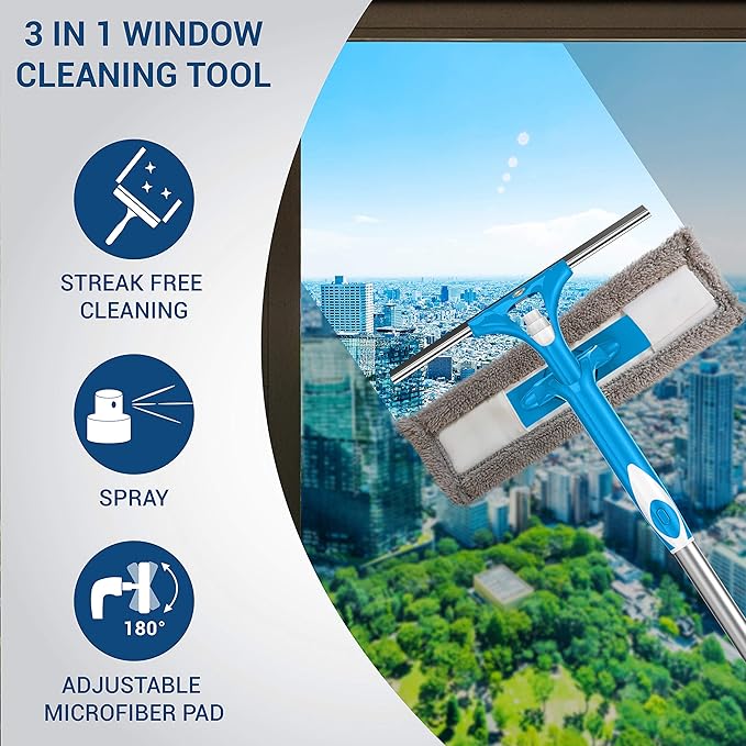 SCRUBIT Extendable Squeegee Window Cleaner- Window Cleaning Tool with Microfiber Scrubber &amp Spray Head - 58 Long Extension Pole for High Windows and Outdoor Glass Washing - Shower Cleaning Kit