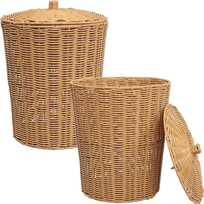 happimess HPM1406A-SET2 Ollie Coastal Contemporary Resin 4.7-Gallon Tapered Round Wicker Watebasket with Lid Natural (Set of 2)