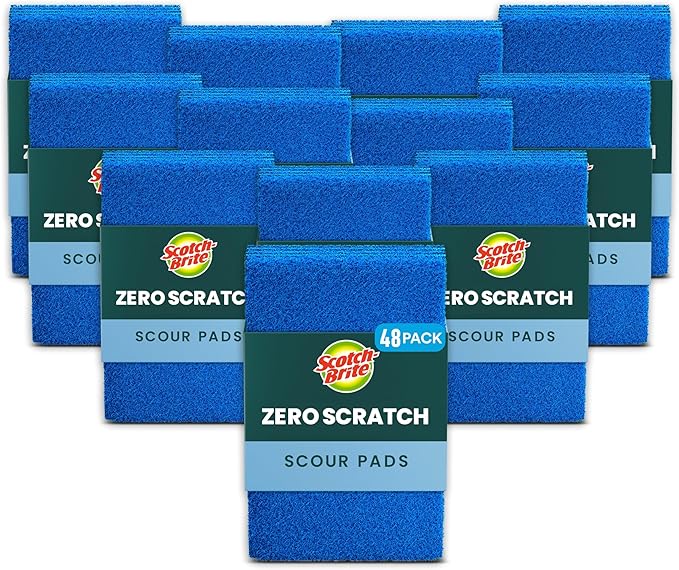 Scotch-Brite Zero Scratch Scouring Pad Effective + Gentle Dish Scrubber for Household Cleaning 48 Scrub Pads for Dishes Nonstick Pots and Pans Glass Tubs Showers Reusable &amp Durable