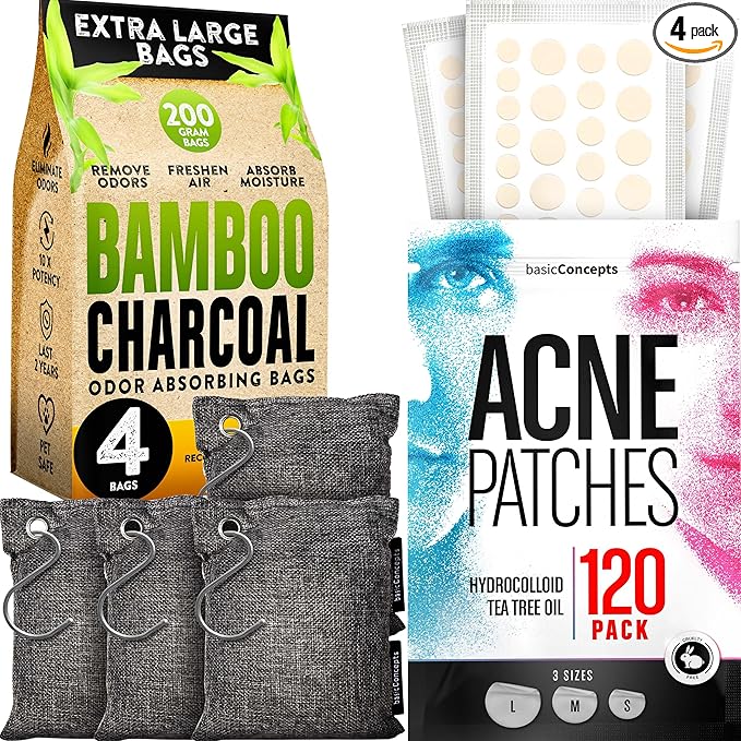 Charcoal Bags Odor Absorber (Large 4 Pack 200g each) and Acne Patches (120 Pack) with Tea Tree Oil Bundle