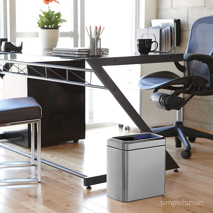 simplehuman 20 Liter / 5.3 Gallon Dual Compartment Recycling Can Slim Open Top Office Trash Can Commercial Grade Heavy Gauge Small Trash Can Dark Bronze Stainless Steel