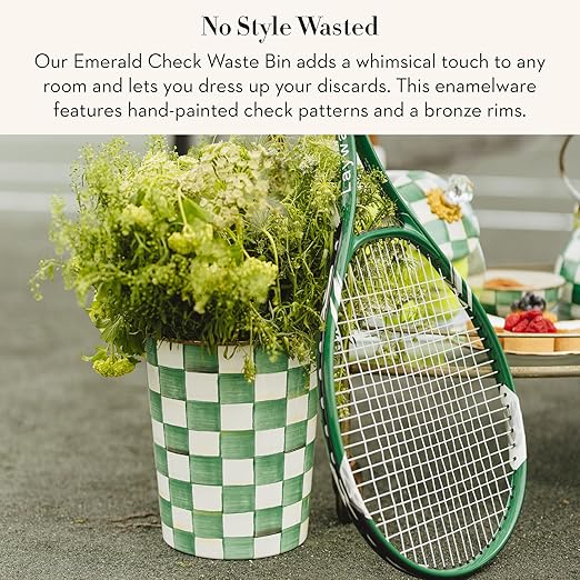 MACKENZIE-CHILDS Waste Bin Decorative Bedroom Trash Can or Bathroom Trash Can Green-and-White Emerald Check