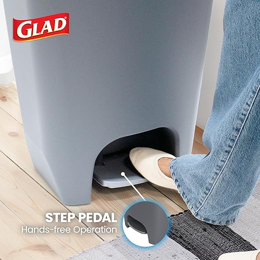 Glad Kitchen Trash Can | Large Plastic Waste Bin with Odor Protection of Lid | Hands Free with Step On Foot Pedal and Garbage Bag Rings 13 Gallon Grey