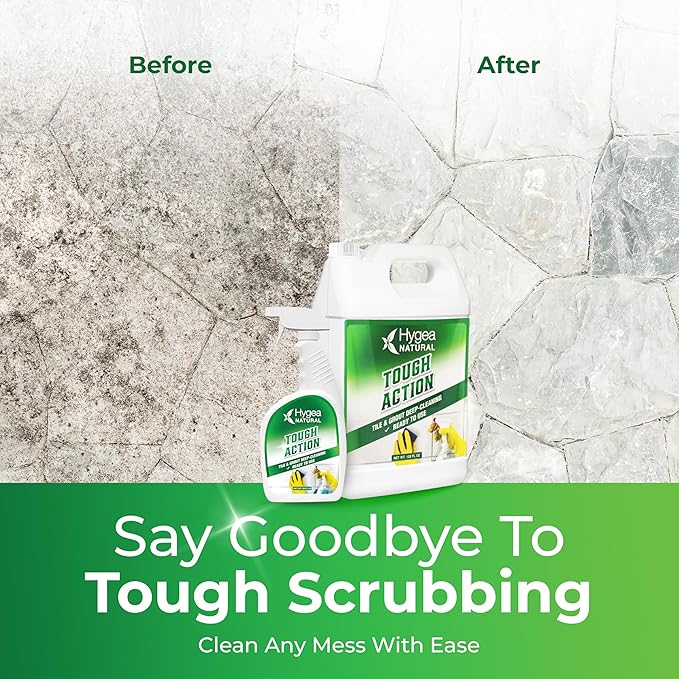 Hygea Natural Tough Action Tile &amp Grout Cleaner Duo - Deep Cleans Dirt &amp Scum &amp Enhances Stone Color - Acid-Free &amp Residue-Free Biodegradable Formula (24 oz Spray &amp Ready to Use Ga