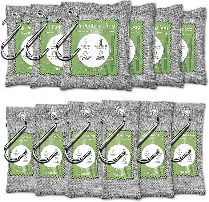 12 Pack Bamboo Air Purifying Bag Activated Charcoal Bags Odor Absorber Moisture Absorber Natural Car Air Freshener Shoe Deodorizer Odor Eliminators For Home Pet Closet (6x50g 6x150g)