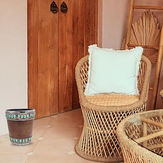 Decorative Resin Faux Leather Small Wastebasket with Turquoise Gem - Southwestern Rustic Trash Bin for Bathroom Bedroom and Kitchen - Small Decorative Wastebasket for Home or Office Décor