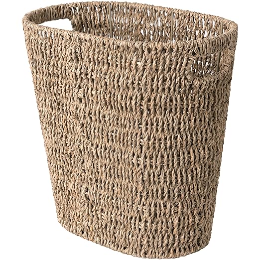 StorageWorks Wicker Waste Basket Handwoven Seagrass Trash Can with Built-in Handles Wicker Garbage Can for Bedroom Bathroom 1 Pack