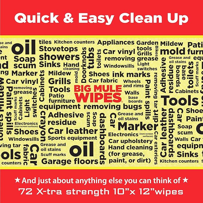 XL Heavy-Duty Cleaning Wipes – 6 Pack (10 x 12) – All-Purpose Garage Automotive &amp Home Cleaning Wipes – Grease Ink Paint Tar &amp Grime Remover – Safe for Hands &amp Multiple Surfaces
