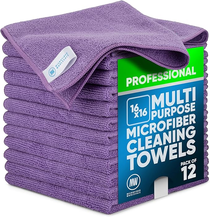 MW Pro Microfiber Cleaning Cloth | Purple | 12 Pack | 16” x 16” | All Purpose Microfiber Towels - Clean Dust Polish Scrub Absorbent