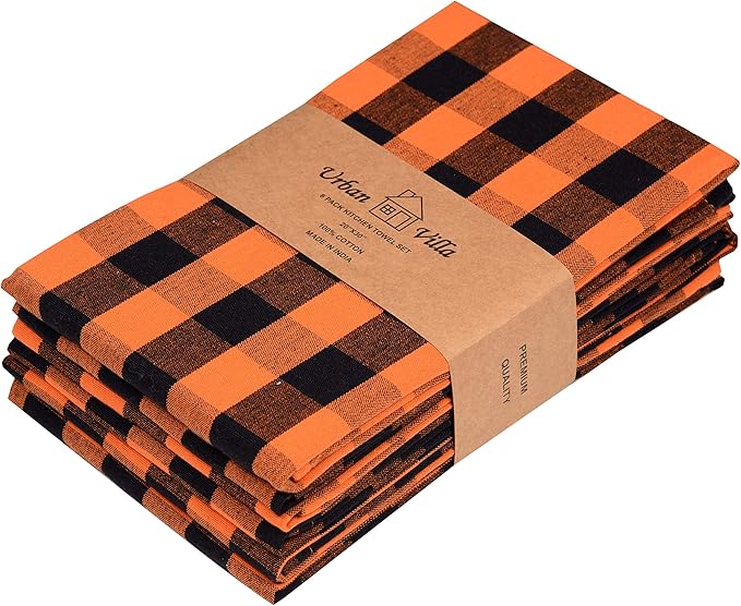 Urban Villa Halloween Kitchen Towels Set of 6 Dish Towels Size 20''x30'' Buffalo Checks Orange/Black 100% Cotton Highly Absorbent Quick Drying Dish Cloths &amp Dish Towels with Hanging Loop Tea Towel