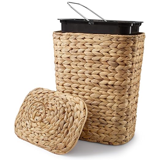 3 GALLONS Wicker Waste Basket - Wicker Trash Can with Lid - Water Hyacinth Bathroom Garbage Can with a Lid - Bathroom Trash Can Boho Style - Removable Liner Iron Frame (Natural 3 Gallons)