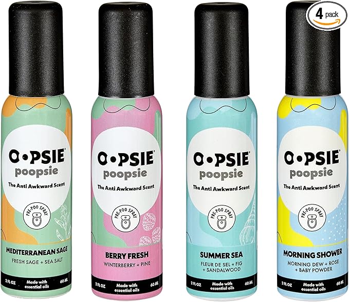 Oopsie Poopsie Pre Poop Spray - 4 Pack Natural Pre Poo Toilet Spray for Bathrooms Trap Odors &amp Eliminate Embarrassment 2oz Travel Size Pre Poo Air Freshener Spray (Variety 4-Pack)
