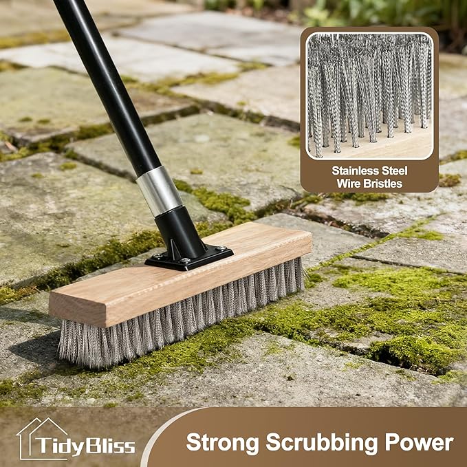 Stainless Steel Wire Scrub Brush with Long Handle Heavy Duty Stiff Metal Broom Scrubber Outdoor Moss Removal for Concrete Floor Deck Garden Patio Roof Brick Garage Swimming Pool