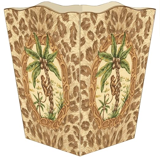Marye-Kelley Monkey and Palm Tree with Leopard Print Wastebasket Decoupage Wood Scalloped Top Decorative Wastebasket for Kitchen Bathroom Bedroom Living Room Handmade Made in The USA