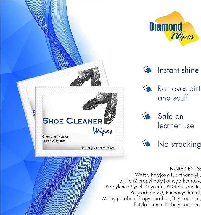 Diamond Wipes Pre-Moistened Shoe Shine Wipes Streak-Free Shoe Cleaner Pack of 50 Individually Wrapped Wet Wipes - Use On Leather Travel Essentials