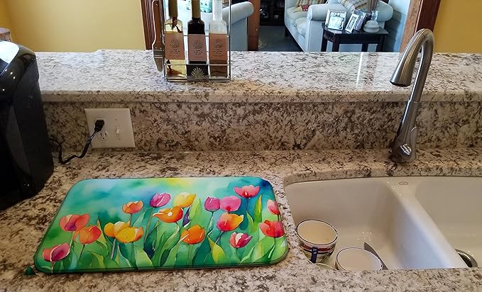 Caroline's Treasures DAC1618DDM Tulips in Watercolor Dish Drying Mat Absorbent Dish Drying Mat Pad for Kitchen Counter Dish Drainer Mat for Countertop 14 x 21 Multicolor