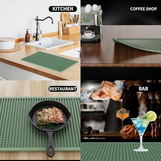 WAFT YEARN 18inX12in Bar Mat Dish Drying Mat Cocktail Service Spill Mats Bartending Countertop Kitchen Coffee Bar Silicone Non Slip Durable Flexible Absorbent Spill Resistant Rubber Heavy Duty Green