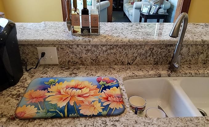 Caroline's Treasures DAC1551DDM Chrysanthemums in Watercolor Dish Drying Mat Absorbent Dish Drying Mat Pad for Kitchen Counter Dish Drainer Mat for Countertop 14 x 21 Multicolor