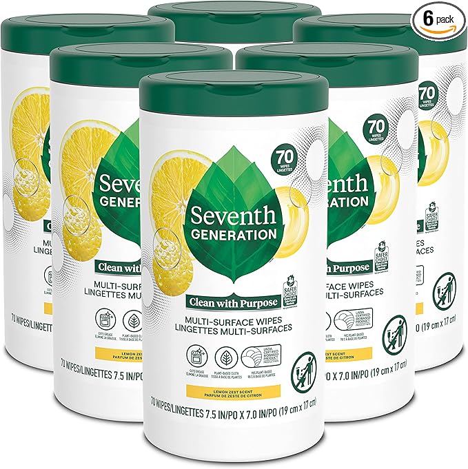 Seventh Generation Multi Surface Wipes All Purpose Cleaning Lemon Zest scent with 100% Essential Oils and Botanical Ingredients 70 count Pack of 6