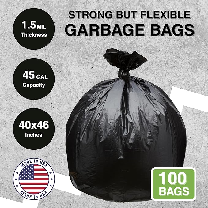 45 Gallon Garbage Trash Bag 40X46 1.5 Mil Black 100 Count Can Liner Bulk 40 Gallon 41 Gallon 42 Gallon 43 Gallon 44 Gallon Made in USA