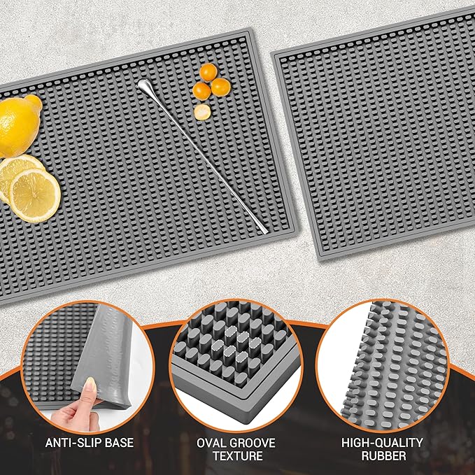Bar Mat - 18X12(2 Pcs) Rubber Bar Mats for Countertop &amp Dish Drying Non-Slip Bartender Mat with Airflow Design for Home Bar Cocktail Set Kitchen &amp Outdoor Use (Gray)