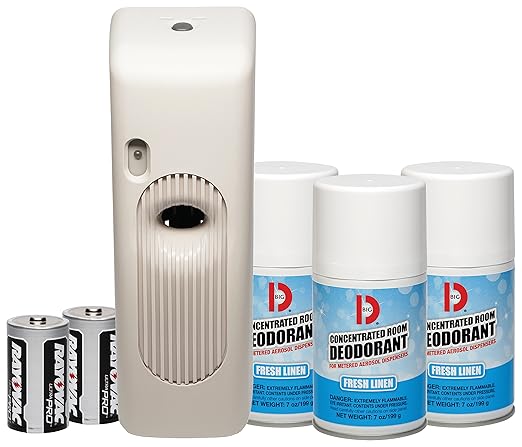Big D 872 Metered Aerosol Starter Kit Fresh Linen Fragrance (Contains Dispenser 2 Batteries 3 Aerosol Cans) - Air freshener Ideal for restrooms Offices Hotels Stores Beige 7 oz. Aerosol