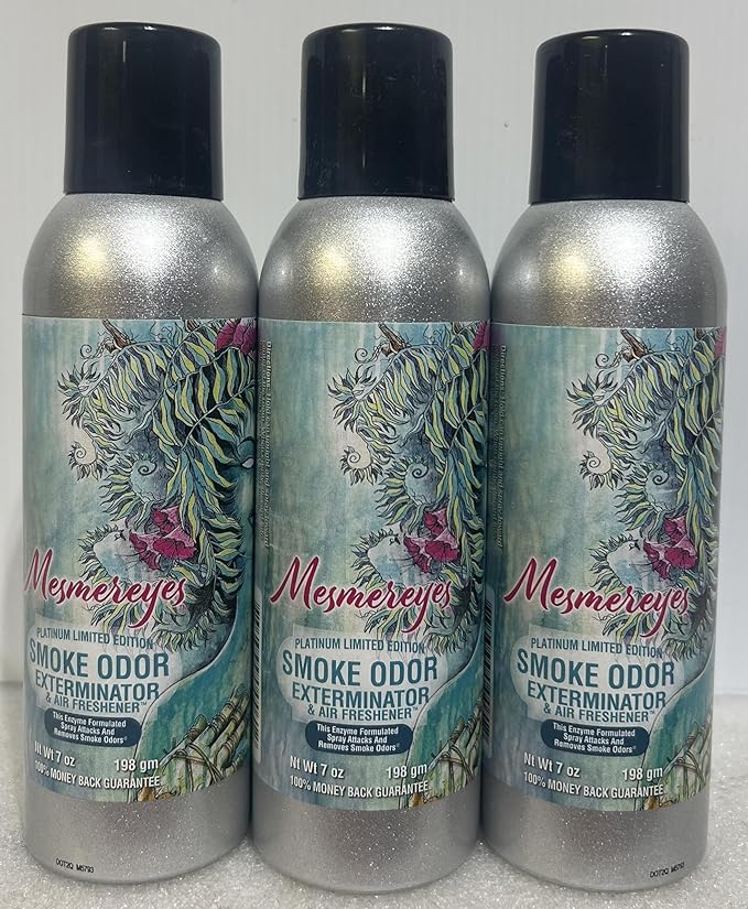 Smoke Odor Exterminator 198 gm/ 7 oz Large Spray Mesmereyes Set of Three Spray Cans.