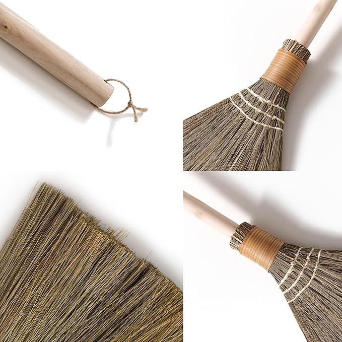 Handmade Vietnamese Straw Broom Single Handle – Free Halloween Decoration Set Witch Broom for Costume Haunted House &amp Indoor Decor Soft Grass Whisk Broom for Sweeping or Display