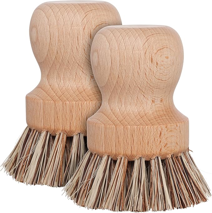 REDECKER Natural Fiber Bristle Pot Brush - Untreated Beechwood Handle - Heat-Resistant Union Fiber Head for Cleaning Pots Pans and More - 2-1/2 inch Diameter - Set of 2 - Boar Bristle Dish Brush
