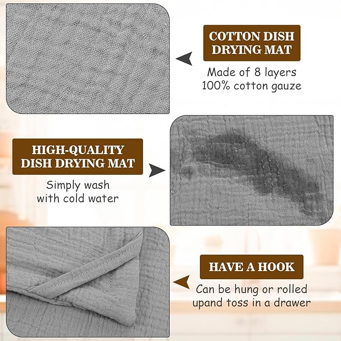2 Pcs Extra Large Dish Drying Mats for Kitchen Counter28 x 24 100% Cotton Gray Pad Thick Highly Absorbent Mats Muslin Gauze Quick Drying Dishes Drainer Pad for Sinks Draining Racks