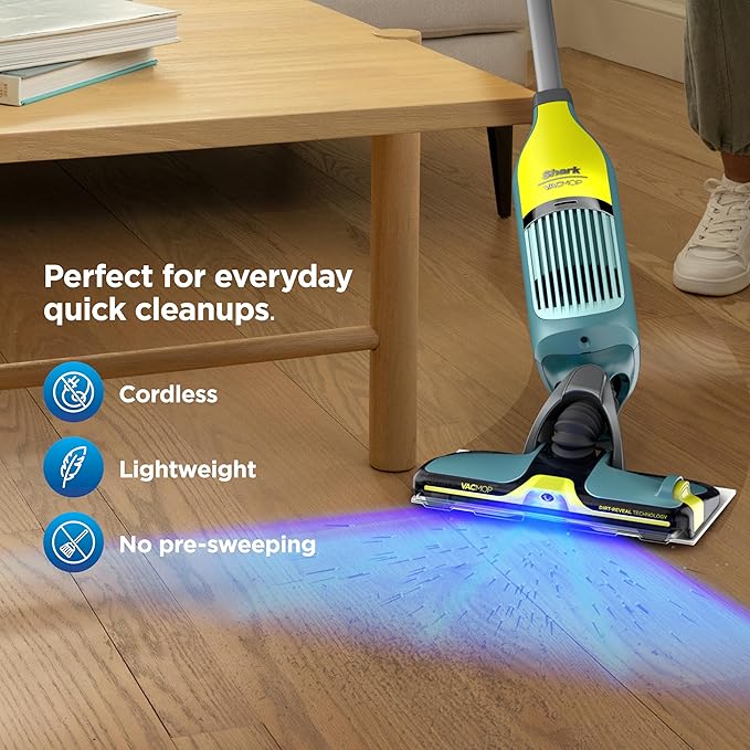 Shark VACMOP Reveal NEW Cordless Hard Floor Cleaner Vacuum &amp Spray Mop Powerful Suction Lightweight Illumination Light Includes 4 Disposable Pads 12oz Pet Multi-Surface Cleaning Solution VM