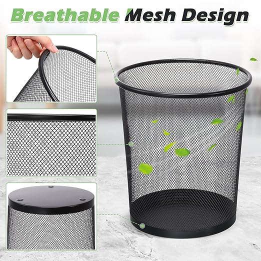 Amyhill 8 Pieces Mesh Trash Can Round Mesh Waste Basket Mesh Garbage Bin 3 Gallon 4 Gallon 6 Gallon Open Top Lightweight Bathroom Wastebasket for Office Home (Black Small)